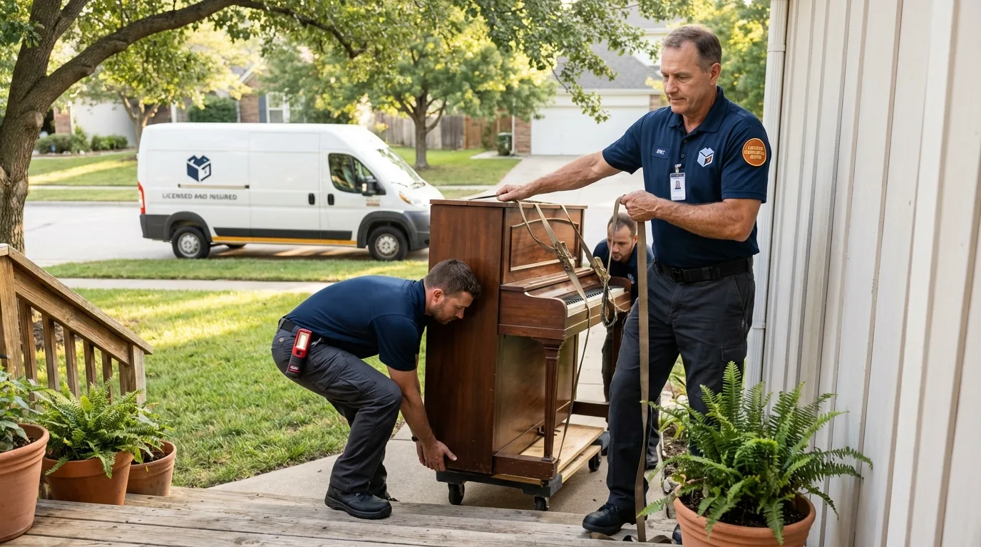Licensed piano movers securing grand piano in Dallas, GA