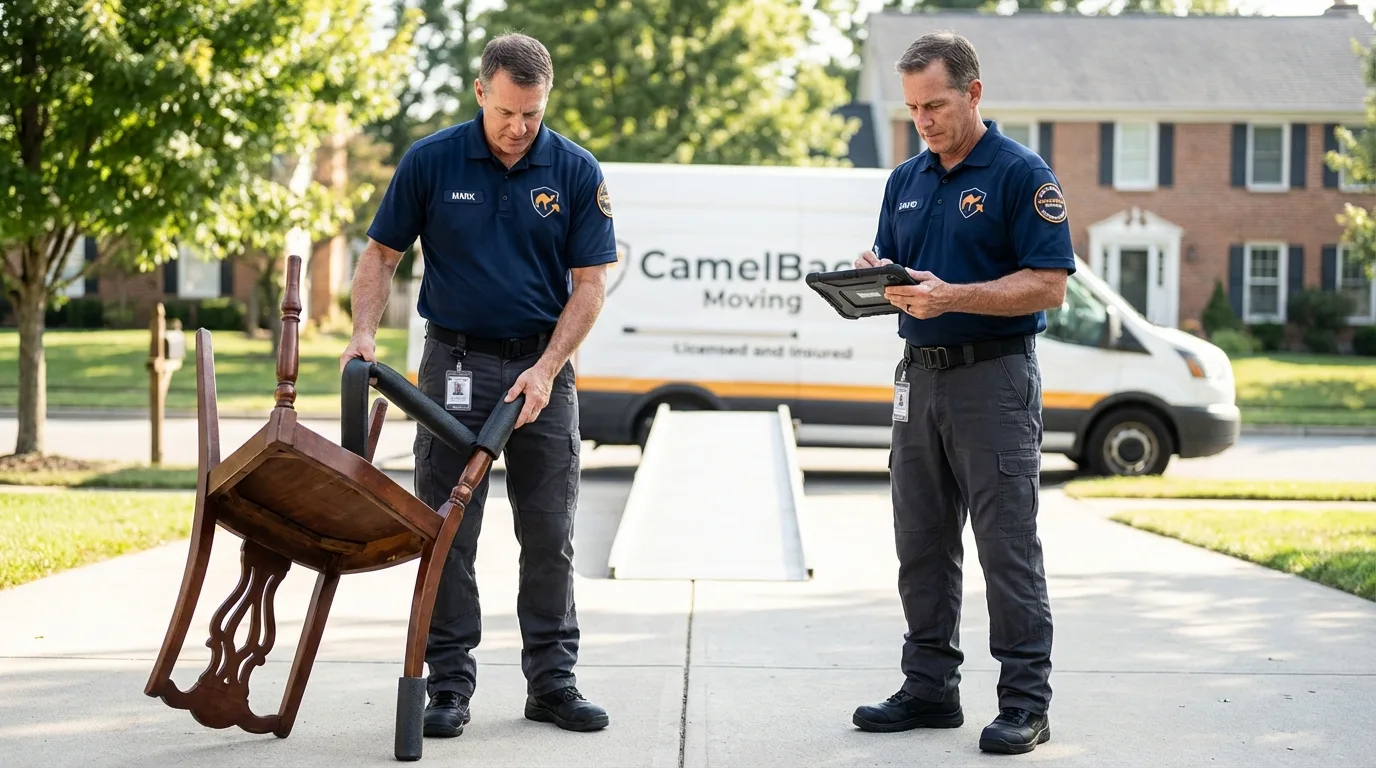 Movers inspecting furniture for damage prevention before loading in Dallas, GA